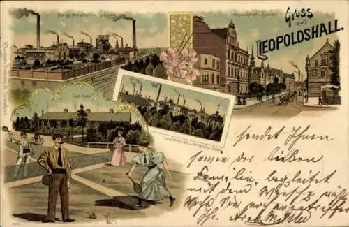 Litho Leopoldshall Staßfurt im Salzlandkreis, Herzogl. Salzwerk, Festhalle, Festplatz, Tennis