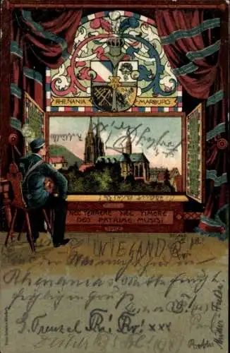Studentika Wappen Ak Marburg an der Lahn, Rhenania, Nec terrere nec timere Deo Patriae musis