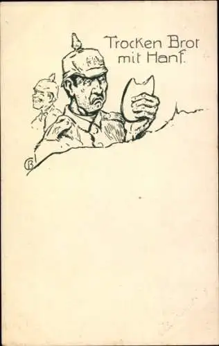 Ak Trocken Brot mit Hanf, Enttäuschter Soldat mit wenig Essen