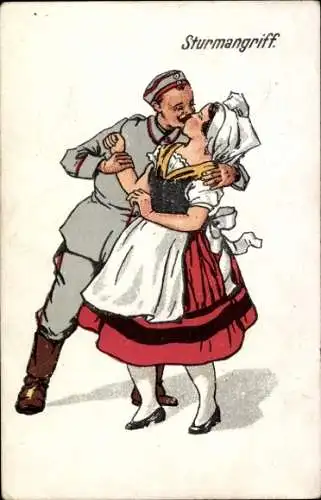 Ak Sturmangriff, Soldat küsst seine Frau