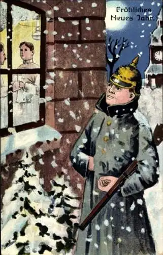 Ak Glückwunsch Neujahr, Soldat steht vor dem Fenster, Tannenbäume