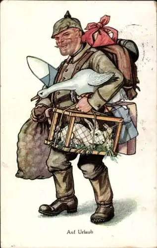 Künstler Ak Deutscher Soldat auf Urlaub, Gans, Hasen, Zuckerhut, Kartoffelsack
