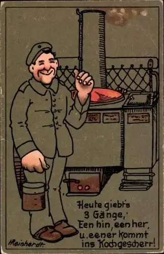 Künstler Ak Reinhardt, Soldat in der Küche, Heute gibt es 3 Gänge