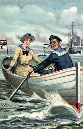Ak Marinesoldat mit Frau im Ruderboot, Nur Geduld, wir werden das Kind schon schaukeln