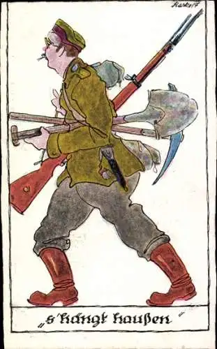 Künstler Ak S hängt haußen, Soldat mit Gewehr, Schaufel, Spitzhacke