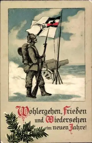 Ak Glückwunsch Neujahr, Wohlergehen, Frieden und Wiedersehen, Soldat, Bajonett, Kanone, Fahne