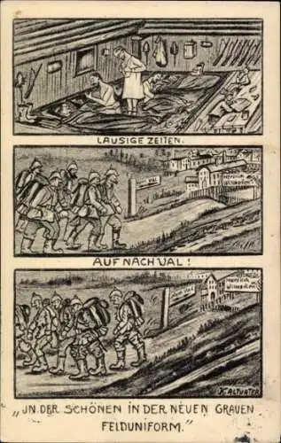 Künstler Ak Altvater, K., Deutsche Soldaten, Graue Felduniform, Lausige Zeiten, Soldatenleben