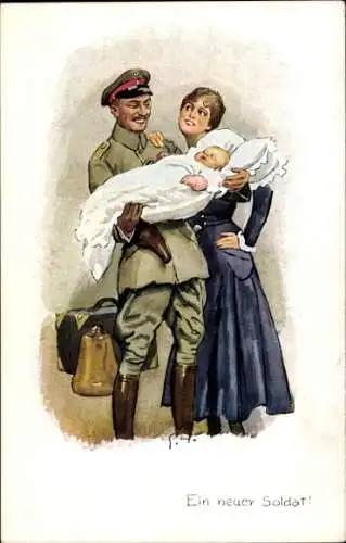 Künstler Ak Ein neuer Soldat, Soldat mit Frau und Baby