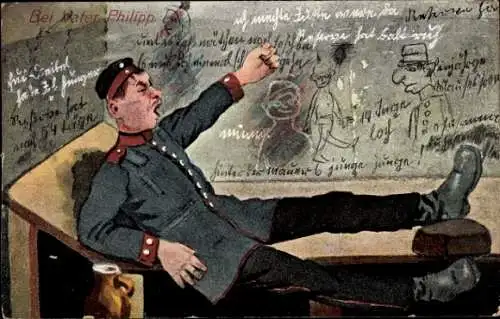 Litho Bei Vater Philipp, Soldat, Holzbett, Wandmalereien, Gähnen