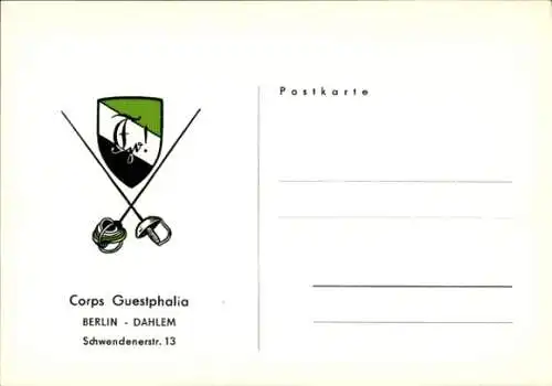 Studentika Ak Berlin, Corps Guestphalia, Schwendenerstraße 13, Dahlem, Wappen, Degen