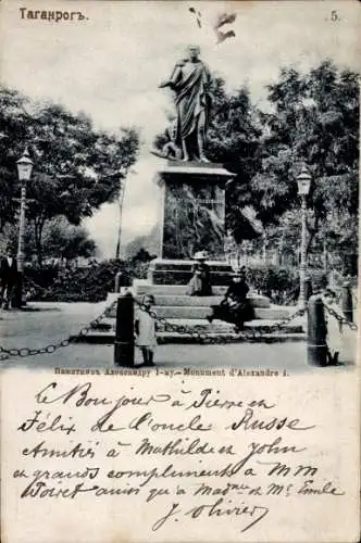 Ak Taganrog Russland, Denkmal von Alexander I, Statue, botanischer Garten