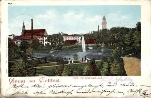 Ak Cottbus in der Niederlausitz, Stadtansicht  Stadtpark, Brunnen,  Gebäude