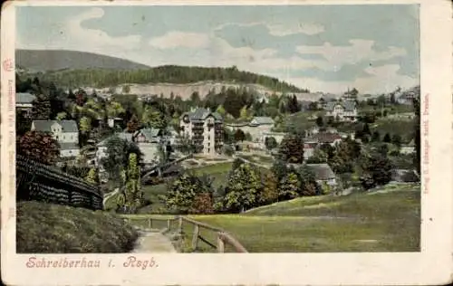 Ak Szklarska Poręba Schreiberhau Riesengebirge Schlesien, Farbenfrohes Landschaftsbild, Gebäude, 