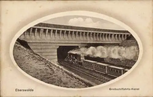 Ak Eberswalde, Forsthaus Bornemannspfuhl, Dampflok, Eisenbahn, Brücke, Großschiffahrts-Kanal,  