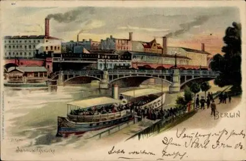 Ak Berlin Mitte, Jannowitzbrücke, Fluss mit Boot, Gebäude, Menschen am Ufer, 