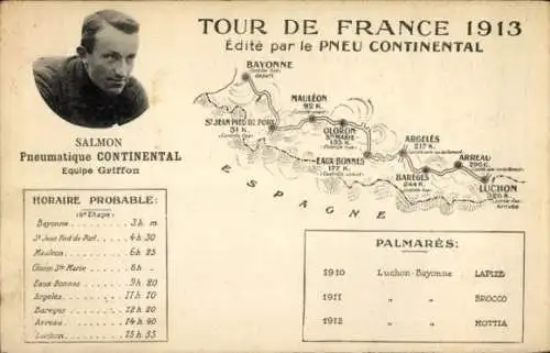 Landkarten Ak Tour de France 1913, Salmon, Pneumatique Continental, Equipe Griffon