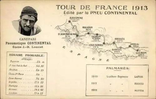 Landkarten CPA Tour de France 1913, Canepari, Pneumatique Continental, Equipe Louvet