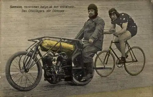 Ak Belgischer Bahnradfahrer Samson mit seinem Trainer Jan Olieslagers, Dürkopp, Schrittmacher