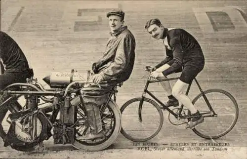 Ak Bahnradfahrer Robl, Steher, mit seinem Trainer, Schrittmacher, Tandem