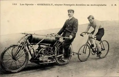 CPA Les Sports, Gombault, stayer Francais derriere sa motocyclette