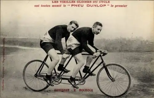 Ak Radrennfahrer Ohresser, R. Ducrocq, Tandem, Reklame Dunlop Reifen