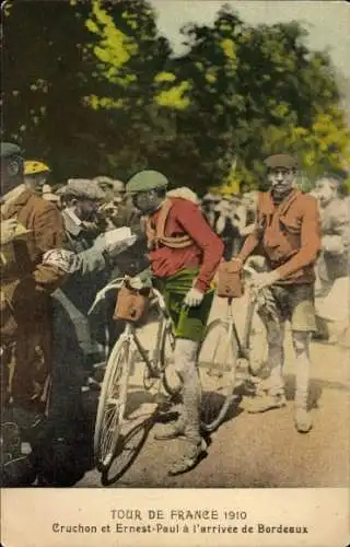CPA Tour de France 1910, Cruchon et Ernest Paul a l'arrivee de Bordeaux