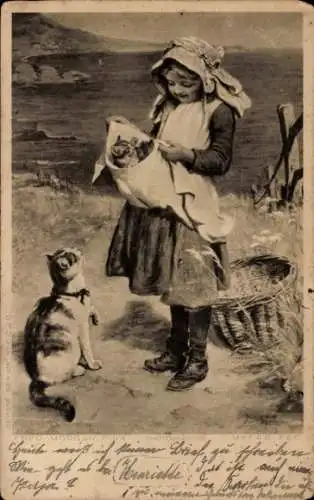 Künstler Ak Morgan, F., Mädchen, Katze, Strand, Korb