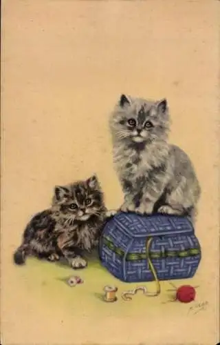 Künstler Ak Gear, M., Katzen, Nähkästchen