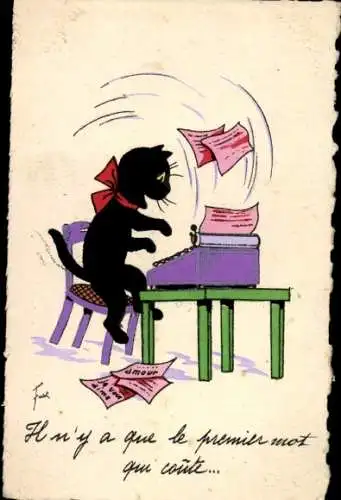 Künstler Ak Schwarze Katze an Schreibmaschine, Arbeit, Dokumente