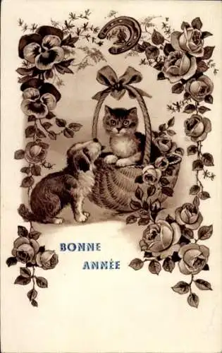 Ak Fröhliches Neujahr, Katze in einem Korb, Hund, Rosen, Stiefmütterchen, Hufeisen