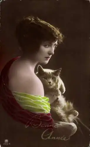 Ak Glückwunsch Neujahr, Frau mit Katze, Porträt