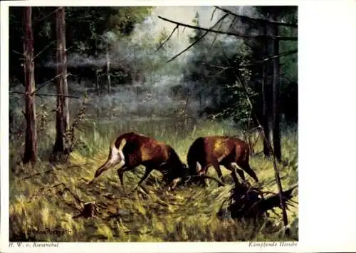 Künstler Ak Riesenthal, Kämpfende Hirsche