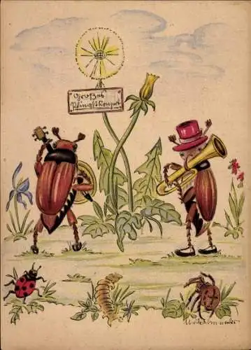 Künstler Ak Musizierende Maikäfer, Marienkäfer, Pflanzen, Spinne