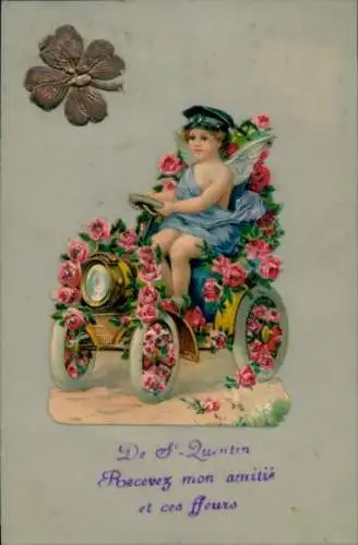 Zelluloid Ak Engel, Automobil, Blumen, Kitsch, Glücksklee