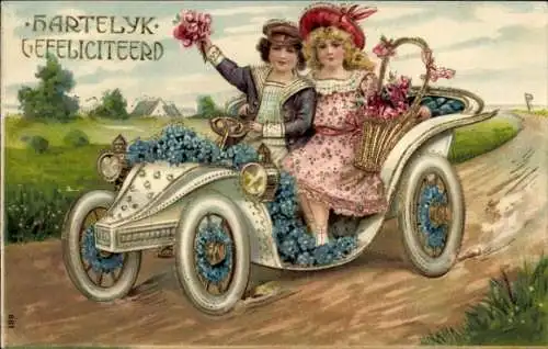 Präge Ak Glückwunsch, Kinder im Automobil, Blumen