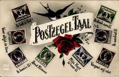 Ak Briefmarkensprache, Schwalbe, Rote Rose