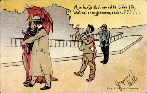 Ak Liebespaar, Mann tröstet seine Frau, Passanten