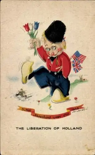 Künstler Ak Niederlande, Befreiung, Kind in Tracht, Amerikanische und britische Fahne