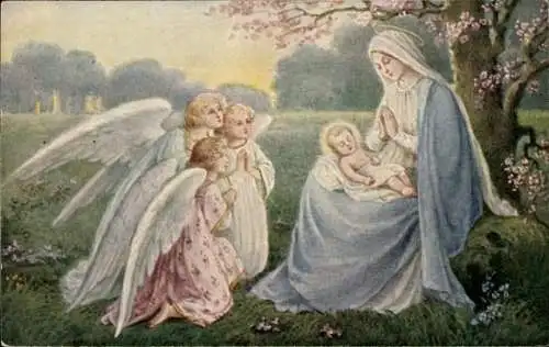 Ak Maria mit Jesuskind, Betende Engel