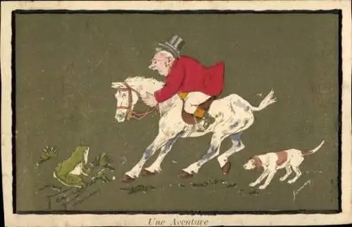 Künstler Ak Englischer Jagdreiter scheut vor Frosch, Jagdhund