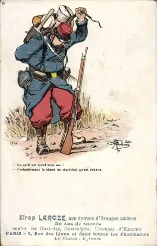 Künstler Litho Französischer Soldat in Uniform, Gewehr, Rucksack, Werbung Sirop Laroze
