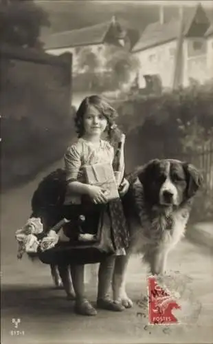 Ak Mädchen mit Bernhardiner, Portrait