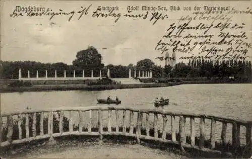 Ak Magdeburg an der Elbe, Stadtpark, Adolf Mittag See von der Marieninsel aus gesehen