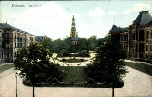 Ak Zwickau Sachsen, Partie am Albertplatz, Kirchturm, Zieher