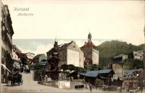 Ak Karlovy Vary Karlsbad Stadt,  Marktplatz, historische Architektur, statue, Gebäude