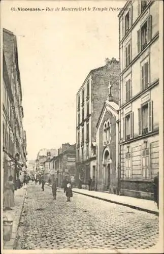 Ak Vincennes Val de Marne, Straße Rue de Montreuil, Tempel Protestant,  historische Architektur