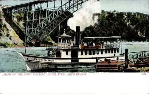 Ak Niagara Falls New York USA, Dampfschiff vor Stahlbogen-Brücke, 'Maid of the Mist', Landschaft