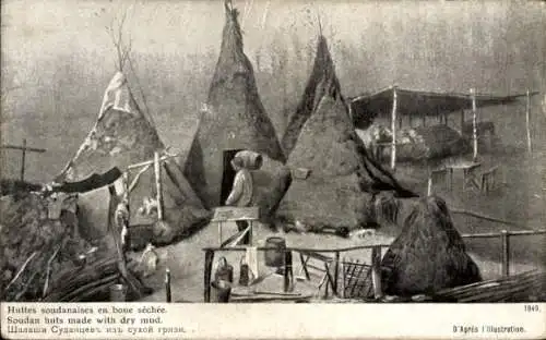 Ak Soudan Francais Mali, Hütten aus getrocknetem Lehm, traditionelle Siedlungen, 1949.
