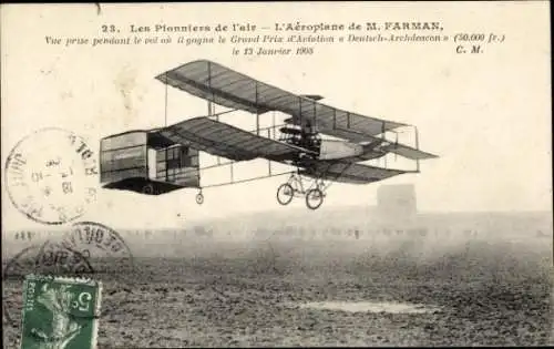 Ak Les Pionniers de l'Air, Henri Farman sur son Aéroplane, 13 Janvier 1908, Pilot, Flugpionier