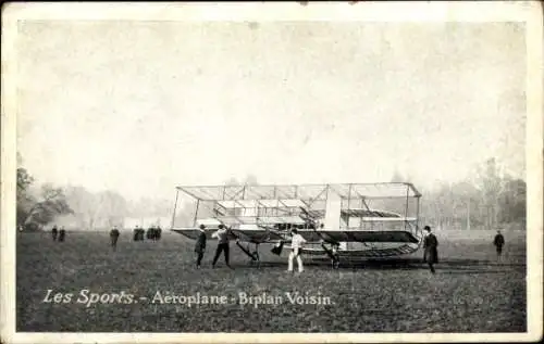 Ak Les Sports, Aeroplane, Biplan Voisin, Doppeldecker